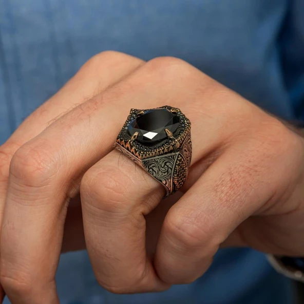 Siyah Taşlı Oval 925 Gümüş Erkek Yüzük - 4