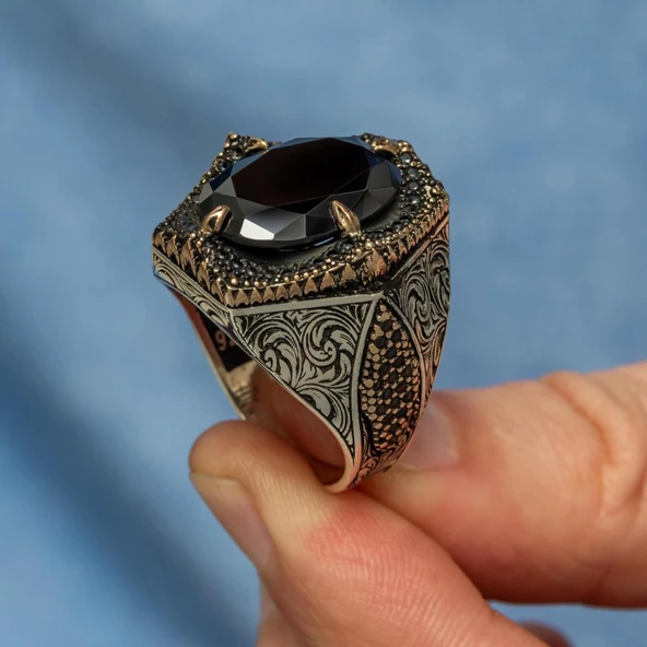 Siyah Taşlı Oval 925 Gümüş Erkek Yüzük - 5