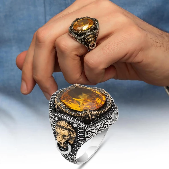 Aslan Kapı Tokmak Modeli Sarı Taşlı 925 Gümüş Yüzük ürün görseli