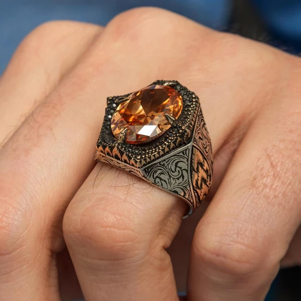 Sarı Taşlı Oval 925 Gümüş Erkek Yüzük - Resim 3