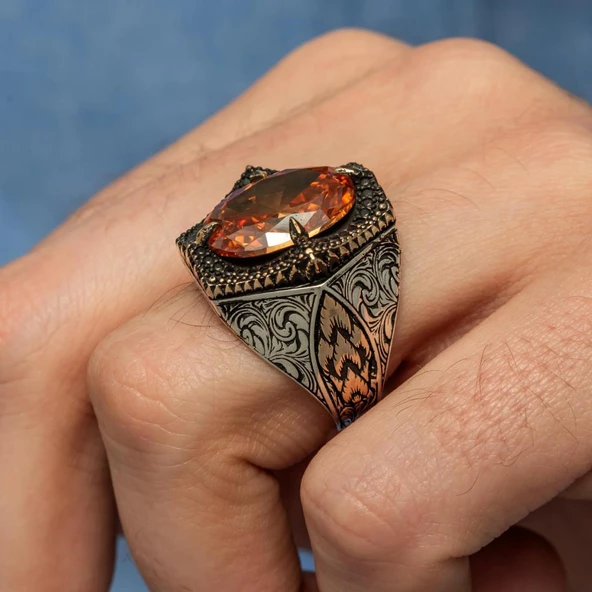 Sarı Taşlı Oval 925 Gümüş Erkek Yüzük - Resim 6