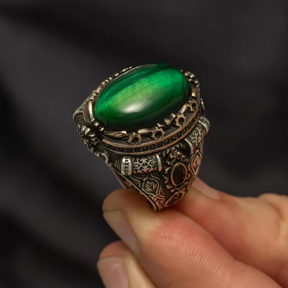 Yeşil Kaplan Gözü Taşlı 925 Gümüş Erkek Yüzük - Resim 5