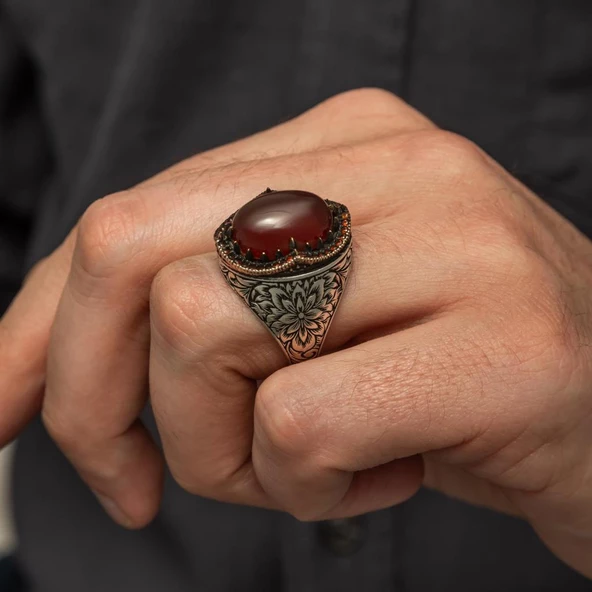 Akik Taşlı Kakma Oyma Motif 925 Gümüş Erkek Yüzük - Resim 6