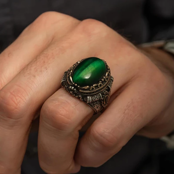 Yeşil Kaplan Gözü Taşlı 925 Gümüş Erkek Yüzük - Resim 7