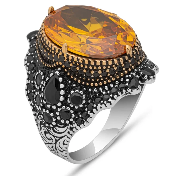 Sarı Sitrin Taşlı 925 Gümüş Erkek Yüzük - Resim 2