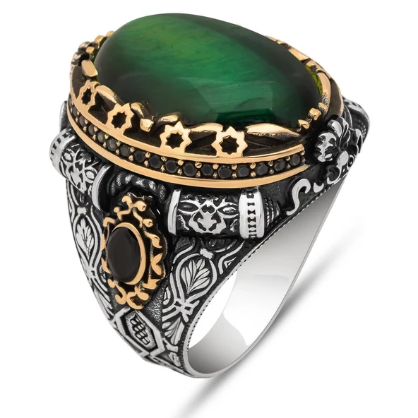 Yeşil Kaplan Gözü Taşlı 925 Gümüş Erkek Yüzük - Resim 2