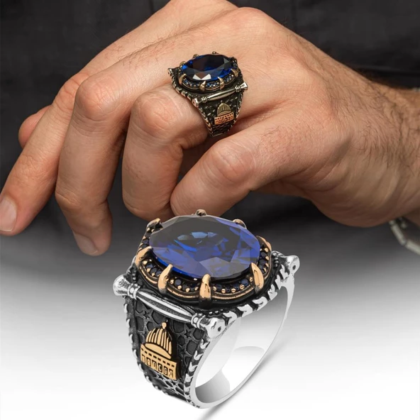 Parlament Mavi Taşlı Kubbetüs Sahre Motifli 925 Gümüş Erkek Yüzük ürün görseli