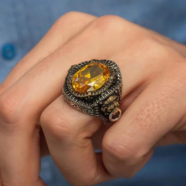 Aslan Kapı Tokmak Modeli Sarı Taşlı 925 Gümüş Yüzük - Resim 4