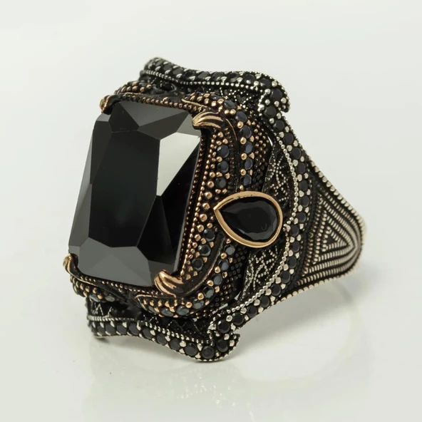 Siyah Taşlı 925 Gümüş Erkek Yüzük - Resim 8