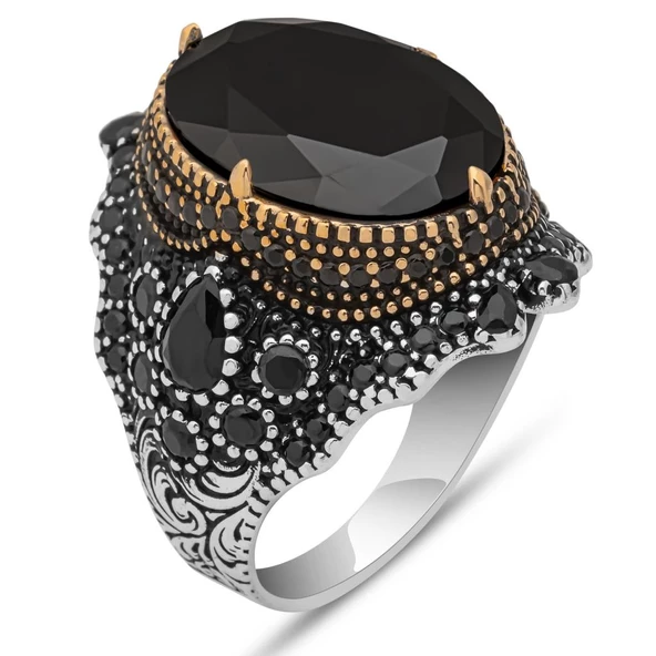 Siyah Taşlı Faset Kesim 925 Gümüş Erkek Yüzük - 2