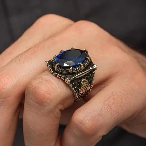 Parlament Mavi Taşlı Kubbetüs Sahre Motifli 925 Gümüş Erkek Yüzük - Resim 3