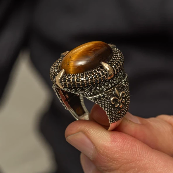 Kaplan Gözü Taşlı Oval 925 Gümüş Yüzük - Resim 7