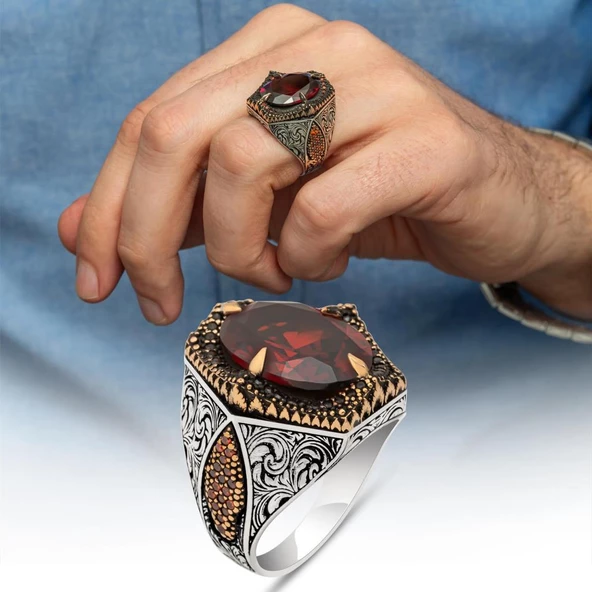 Kırmızı Taşlı Oval 925 Gümüş Erkek Yüzük