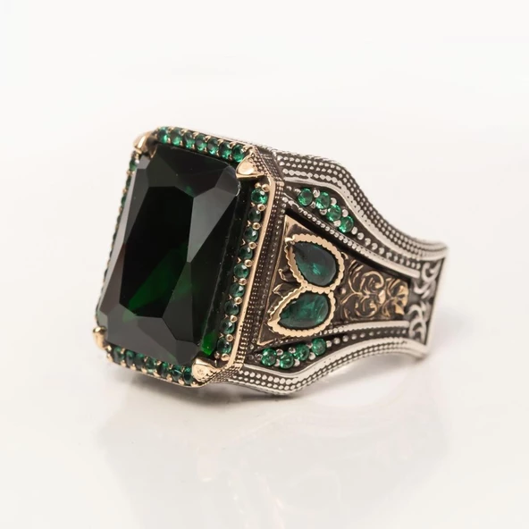 Yeşil Taşlı 925 Gümüş Erkek Yüzük - Resim 8