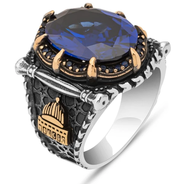 Parlament Mavi Taşlı Kubbetüs Sahre Motifli 925 Gümüş Erkek Yüzük - Resim 2