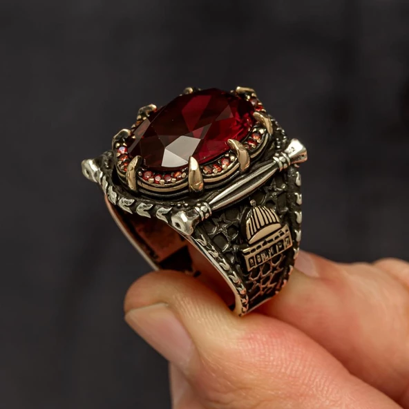 Kırmızı Taşlı Kubbetüs Sahre Motifli 925 Gümüş Erkek Yüzük - Resim 7