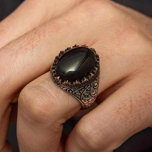 Siyah Oniks Taşlı Oyma Motifli 925 Gümüş Yüzük - Resim 7