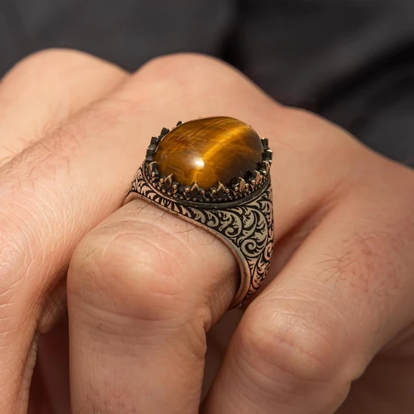 Kaplan Gözü Taşlı Oyma Motifli 925 Gümüş Yüzük - Resim 8