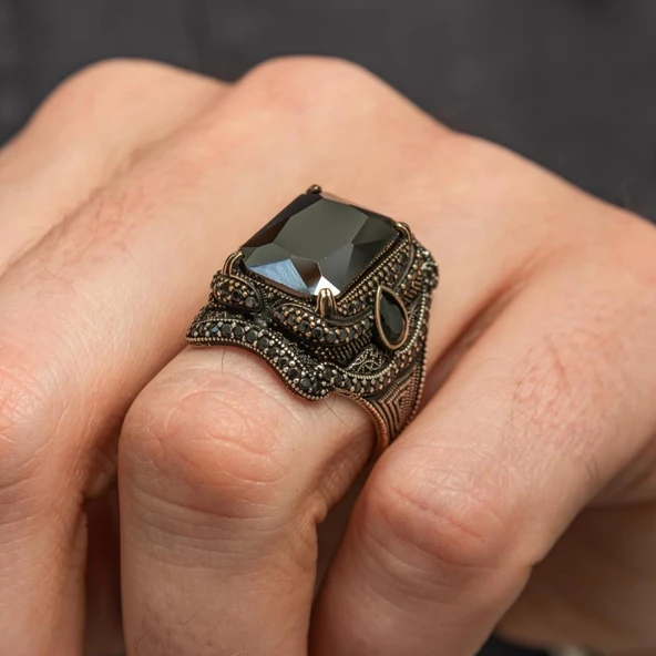 Siyah Taşlı 925 Gümüş Erkek Yüzük - Resim 6