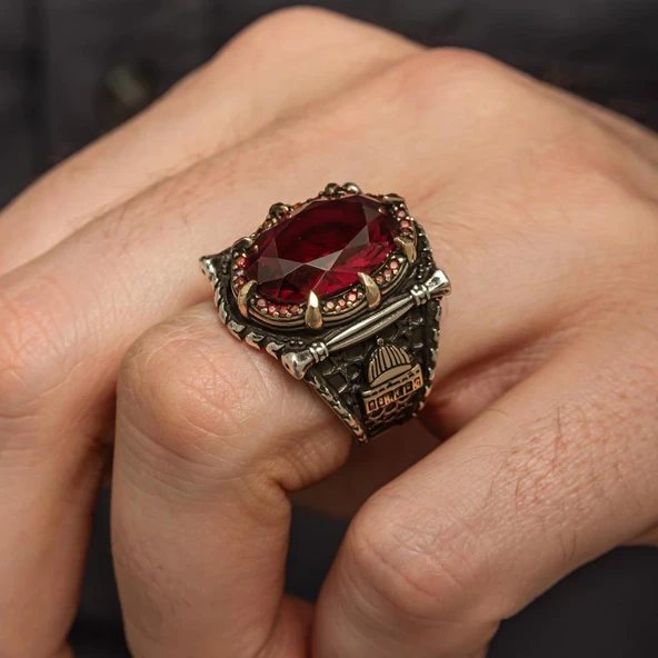 Kırmızı Taşlı Kubbetüs Sahre Motifli 925 Gümüş Erkek Yüzük - Resim 6