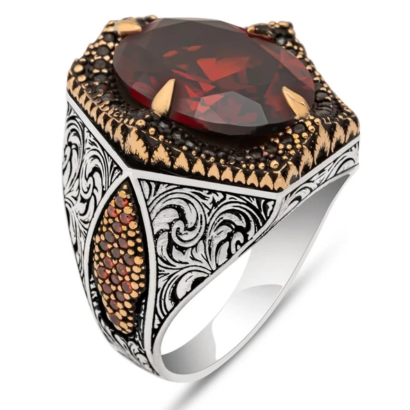 Kırmızı Taşlı Oval 925 Gümüş Erkek Yüzük - Resim 2