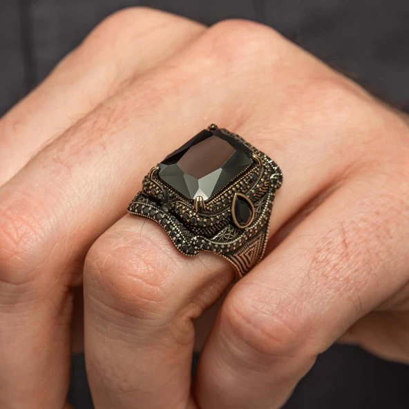 Siyah Taşlı 925 Gümüş Erkek Yüzük - Resim 7