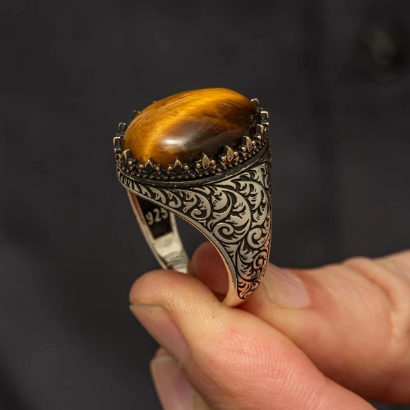 Kaplan Gözü Taşlı Oyma Motifli 925 Gümüş Yüzük - Resim 7