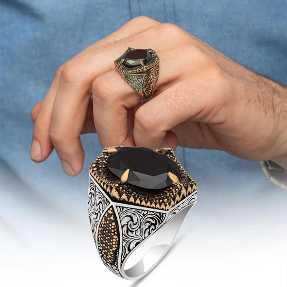 Siyah Taşlı Oval 925 Gümüş Erkek Yüzük