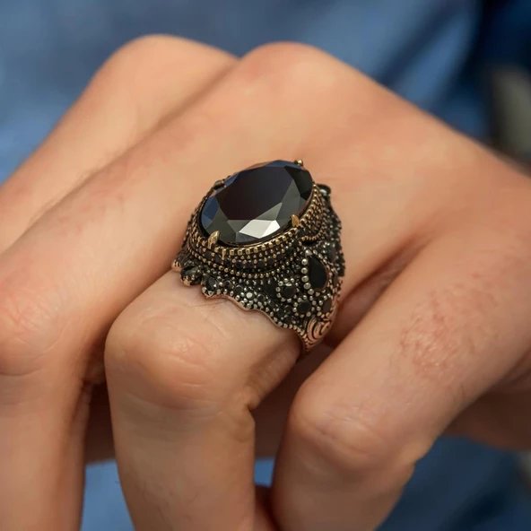 Siyah Taşlı Faset Kesim 925 Gümüş Erkek Yüzük - 3