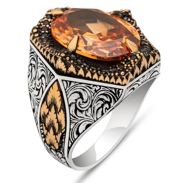 Sarı Taşlı Oval 925 Gümüş Erkek Yüzük - Resim 2