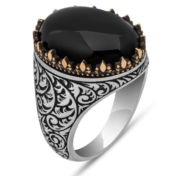 Siyah Oniks Taşlı Oyma Motifli 925 Gümüş Yüzük - Resim 2