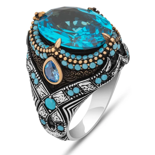 Aqua Mavi Taşlı Oval 925 Gümüş Yüzük - 2