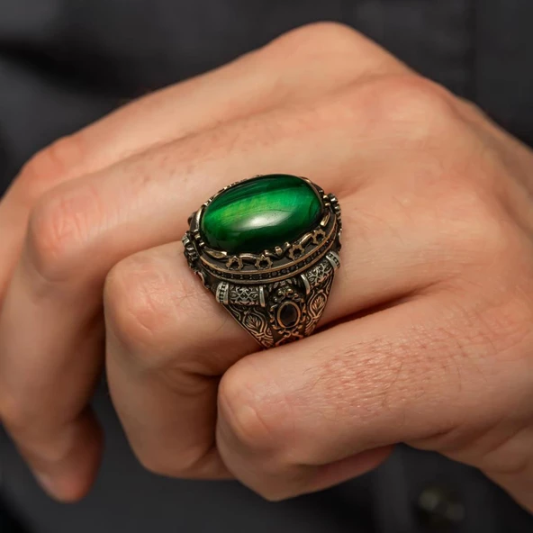 Yeşil Kaplan Gözü Taşlı 925 Gümüş Erkek Yüzük - Resim 6