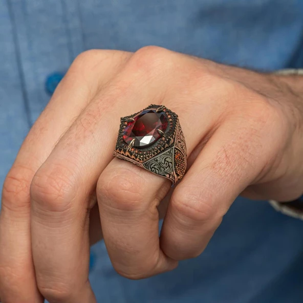 Kırmızı Taşlı Oval 925 Gümüş Erkek Yüzük - Resim 3