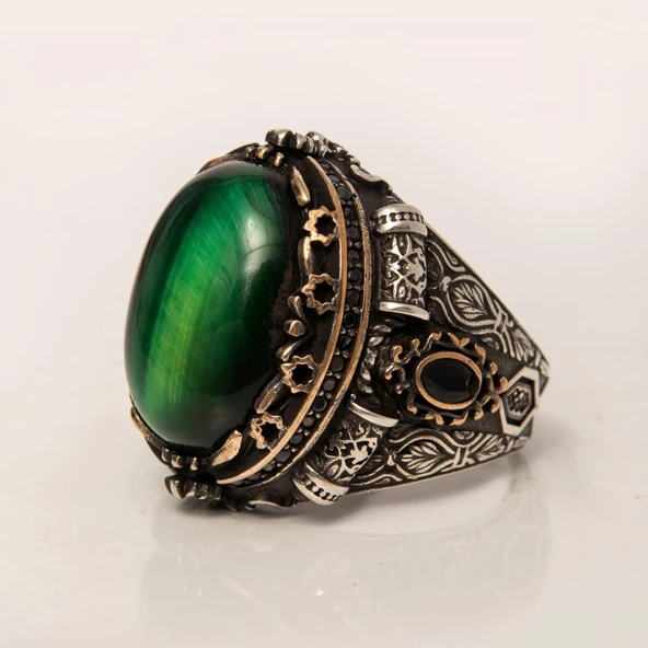 Yeşil Kaplan Gözü Taşlı 925 Gümüş Erkek Yüzük - Resim 8