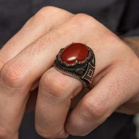 Akik Taşlı Oval 925 Gümüş Erkek Yüzük - Resim 6