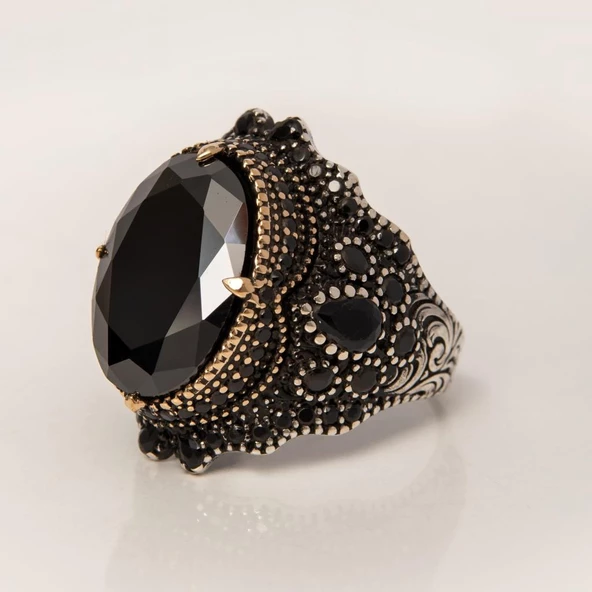 Siyah Taşlı Faset Kesim 925 Gümüş Erkek Yüzük - 7