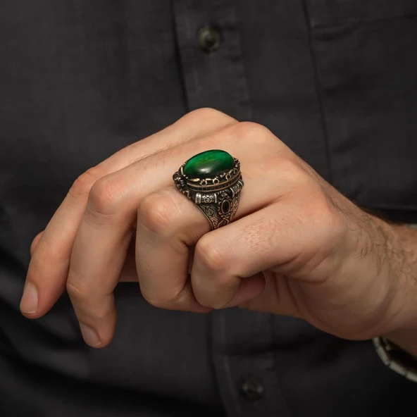Yeşil Kaplan Gözü Taşlı 925 Gümüş Erkek Yüzük - Resim 4