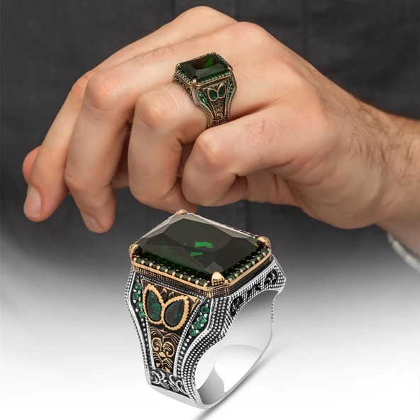 Yeşil Taşlı 925 Gümüş Erkek Yüzük ürün görseli