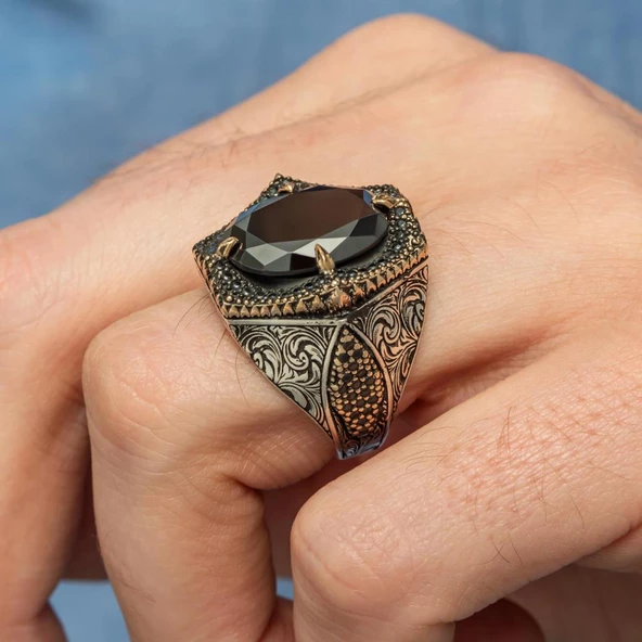 Siyah Taşlı Oval 925 Gümüş Erkek Yüzük - 3