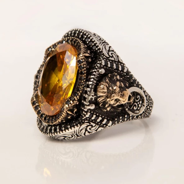 Aslan Kapı Tokmak Modeli Sarı Taşlı 925 Gümüş Yüzük - Resim 6