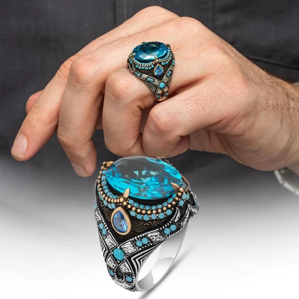 Aqua Mavi Taşlı Oval 925 Gümüş Yüzük