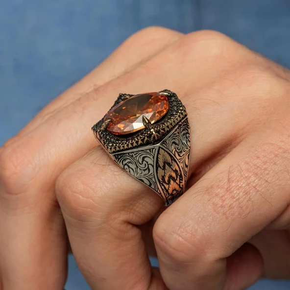 Sarı Taşlı Oval 925 Gümüş Erkek Yüzük - Resim 5