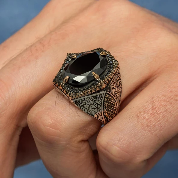 Siyah Taşlı Oval 925 Gümüş Erkek Yüzük - 7