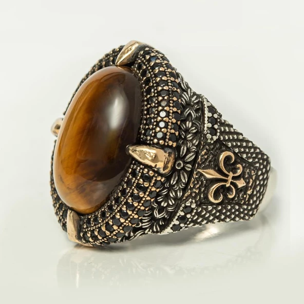 Kaplan Gözü Taşlı Oval 925 Gümüş Yüzük - Resim 8