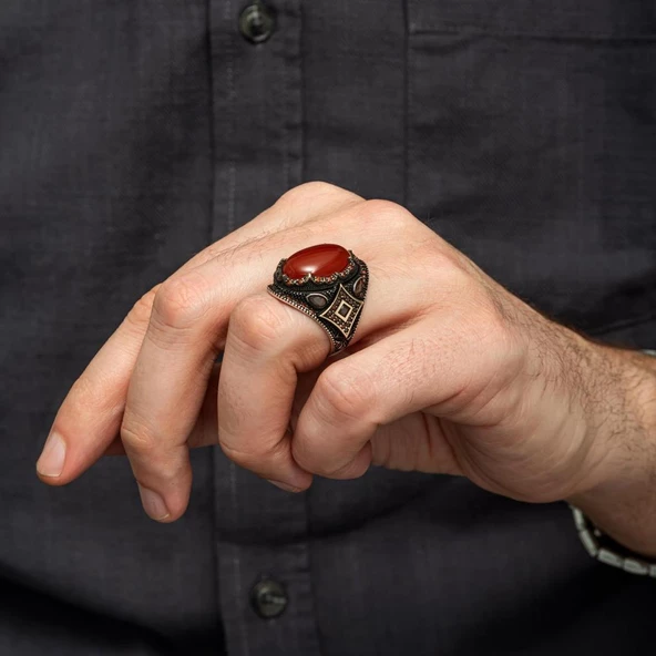 Akik Taşlı Oval 925 Gümüş Erkek Yüzük - Resim 5