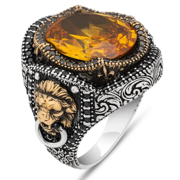 Aslan Kapı Tokmak Modeli Sarı Taşlı 925 Gümüş Yüzük - Resim 2