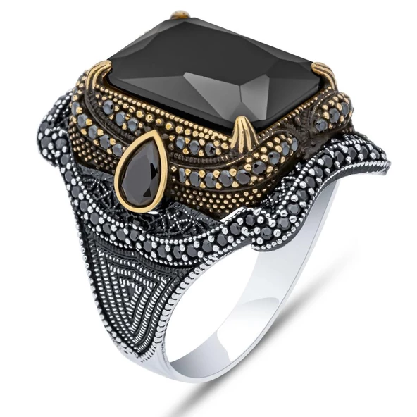 Siyah Taşlı 925 Gümüş Erkek Yüzük - Resim 2