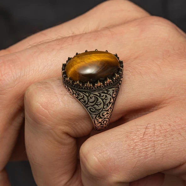 Kaplan Gözü Taşlı Oyma Motifli 925 Gümüş Yüzük - Resim 9