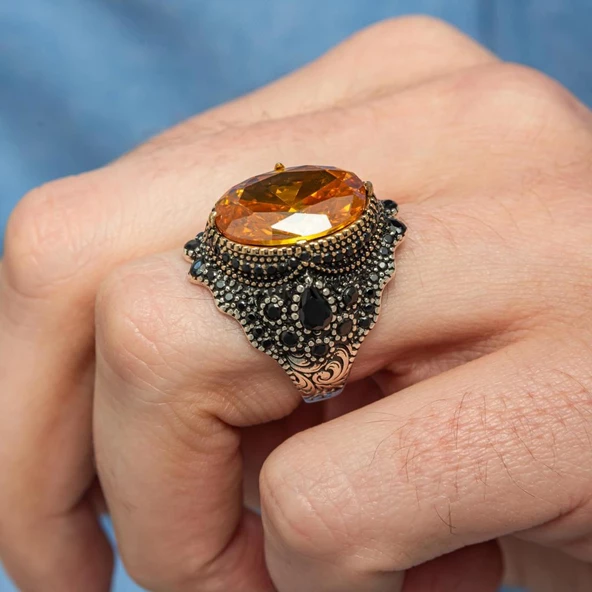 Sarı Sitrin Taşlı 925 Gümüş Erkek Yüzük - Resim 6